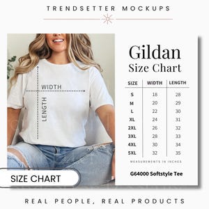 Gildan 64000 Größentabelle, Unisex G64000 Größentabelle, Gildan Sizing Guide, Gildan 640 Mockup, Shop Infografik, Real Person Model