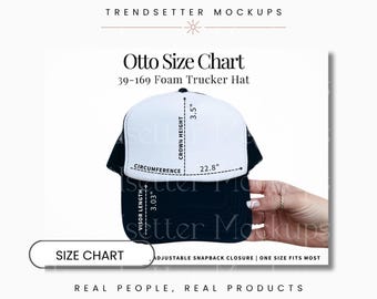Tabella taglie Otto Hat 39-169, guida alle taglie per cappellini trucker unisex, modello reale