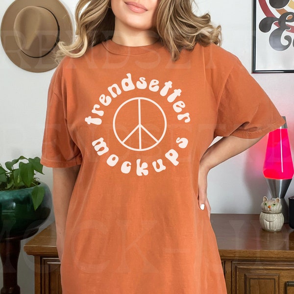 Comfort Colors 1717 Yam Mockup, Retro Oversized Tee Mock-up, Trendy Shirt Mock up, 70's Aesthetic Mock Up Model, Free C1717 Size Chart