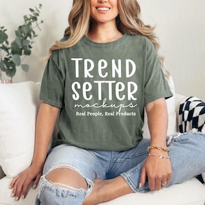 Comfort Colors 1717 Moss Mockup, CC1717 Oversized Tee Mock-up, Trendy Retro Checkered Mockup, Green Crewneck Tshirt, Real Human Model
