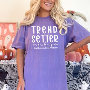 Comfort Colors 1717 Violet Mockup, CC1717 Pastel Halloween Mock-up, Fall Crewneck Mockup, Purple Thanksgiving Aesthetic, Real Person Model