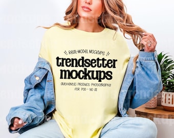 Maqueta de camiseta Comfort Colors 1717 Banana, camiseta amarilla extragrande CC1717, estilo de vida moderno, modelo de persona real