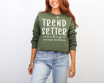 Gildan 18000 Military Green Sweatshirt Mockup | G18000 Green Mockup | G180 Pullover Mock | Real Person Model | POD | Studio Basics Aesthetic