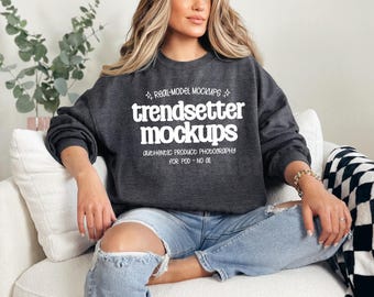 Gildan 18000 Dark Heather Mockup, G18000 Crewneck Sweatshirt, Real Model