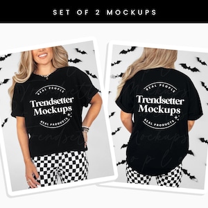 Comfort Colors 1717 Black Mockup, CC1717 Halloween Mock-up, Back of Shirt Mock, Trendy Retro Checkered Mock, Real Person Model