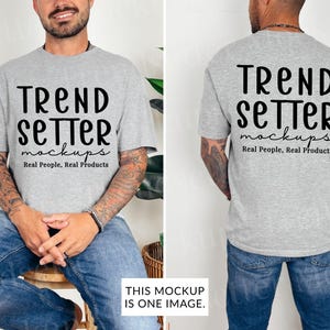 Gildan 64000 スポーツグレー モックアップ、メンズシャツの前面と背面、G640 トレンディ デュアル モックアップ、両面シンプルブランクモックアップ、リアルパーソンモデル