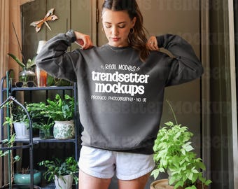 Gildan 18000 Charcoal Mockup, G18000 Crewneck Sweatshirt, Boho Lifestyle, Real Person Model