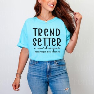 Comfort Colors 1717 Lagoon Blue TShirt Mockup | CC1717 Lagoon Blue Mock-up | Real Model | Trendy Minimalist Studio Aesthetic