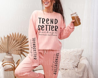 Comfort Colors 1466, 1469 Peachy Set Mockup | CC1469 Fleece Sweatshirt Sweatpants | CC1466 Sleeve Mock | Real Person Model | Cozy Aesthetic