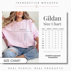 Gildan 18000 Größentabelle, G18000 Sweatshirt Crewneck Unisex Größentabelle, Einfache Messtabelle, Größentabelle, Auflistung Infografik