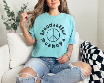 Comfort Colors 1717 Chalky Mint Mockup, C1717 Oversized Tee Horizonal Mock-up, Trendy Retro Checkered Blue Crewneck Tshirt, Size Chart