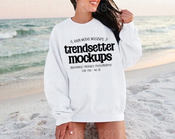 Gildan 18000 White Mockup, G18000 Crewneck Sweatshirt, Beach Lifestyle