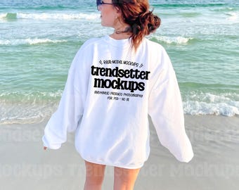 Gildan 18000 White Sweatshirt Mockup, G18000 Back View, Beach Lifestyle