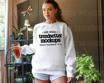 Gildan 18000 White Mockup, G18000 Crewneck Sweatshirt, Boho Lifestyle, Real Person Model