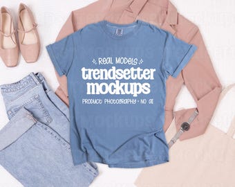 Comfort Colors 1717 Blue Jean Mockup, CC1717 T-Shirt, Casual Office Flat Lay