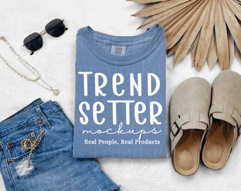 Comfort Colors 1717 Blå Jeansmodell, CC1717 T-shirt, Boho Flat Lay