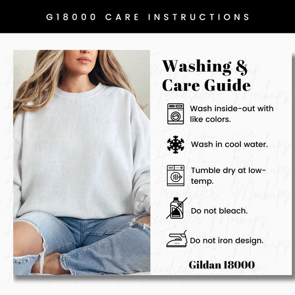 Gildan 18000 Care Instructions, G18000 Garment Washing Guide, Shirt Care Chart, G18000 Mockup, POD Seller Tools