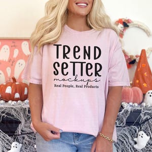 Comfort Colors 1717 Blossom Mockup, CC1717 Pastel Halloween Mock-up, Fall Crewneck Mockup, Pink Thanksgiving Aesthetic, Real Person Model