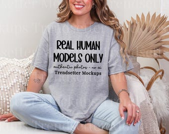 Gildan 5000 Sport Grey T-Shirt Mockup, G5000 Oversized Tee, Boho Lifestyle, Real Person Model