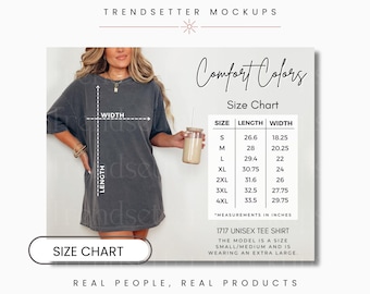 Comfort Colors 1717 Size Chart, CC1717 Comfort Colors Sizing Guide, Oversized TShirt Measurements, Comfort Colors Mockups, Real Human Model