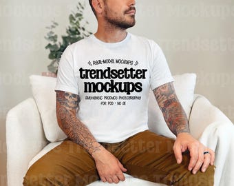 Men's White Bella Canvas 3001 T-Shirt Mockup, Real Person Model