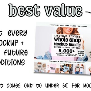 The image is a promotional graphic for a Lifetime Access whole shop mockup bundle, which includes a 5,000+ listing mockup and premium photo releases. The text highlights the benefits of the bundle, such as getting every addition, lifetime access to the whole shop mockup, and the availability of premium photo releases. The image also mentions that the bundle comes out to under 5 cents per mockup.