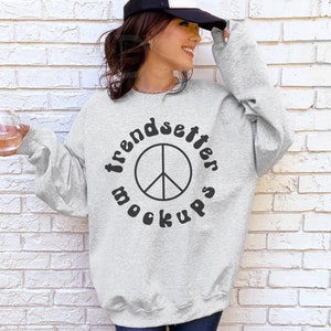 Gildan 18000 Ash MockUp, Ash Sweatshirt Boho Mock-up, Trendy Street Style Grey Pullover Mockup, Aesthetic Mock Up Model, Size Chart image 1