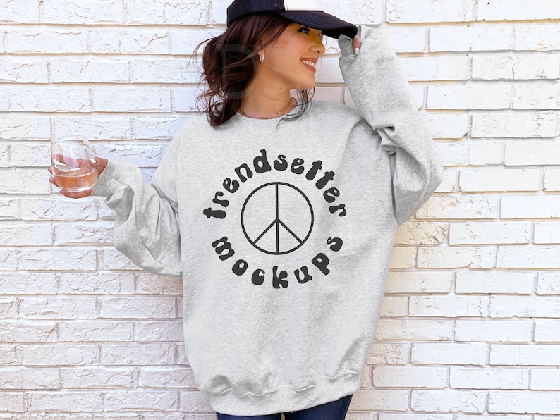 Gildan 18000 Ash MockUp, Ash Sweatshirt Boho Mock-up, Trendy Street Style Grey Pullover Mockup, Aesthetic Mock Up Model, Size Chart image 1