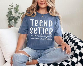 Gildan 64000 Indigo Blue Mockup, G64000 Simple Oversized Tee Mock-up, Trendy Checkered Mock, High Quality G640 PNG, Real Human Model