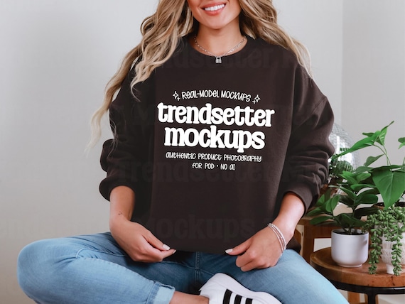 Gildan 18000 Dark Chocolate Sweatshirt Mockup, G18000 Brown Crewneck Mock-up, Real Person Model Mock, Trendy Minimalist True Color Aesthetic