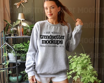 Gildan 18000 Sport Grey Mockup, G18000 Crewneck Sweatshirt, Boho Lifestyle, Real Person Model