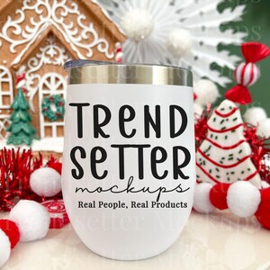 Christmas Wine Tumbler Mockup, White 12oz Chill Cup image 1
