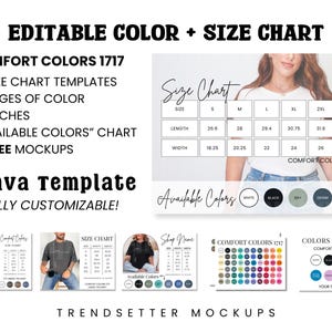 Könnte beinhalten: Eine Canva-Vorlage mit editierbaren Farb- und Größentabellen für Comfort Colors 1717-Bekleidung. Das Bild enthält Größentabellen, Farbmuster und Mockups. Die Größentabelle zeigt Maße in cm für Länge und Breite.