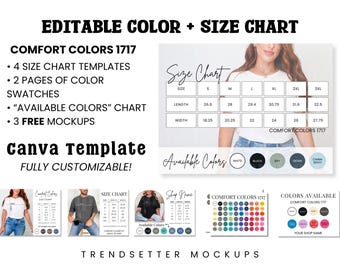 Editable Comfort Colors 1717 Color and Size Chart, CC1717 T-Shirt Canva Template