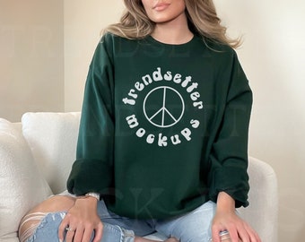 Gildan 18000 Forest Green Crewneck Mockup, Gildan Sweatshirt Mock-up, Modeled Sweater, Nuetral Product Photo, Unisex Size Chart