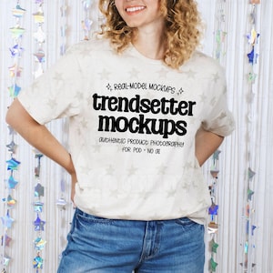 Natural Heather Star T-Shirt Mockup, Fourth of July, Real Model
