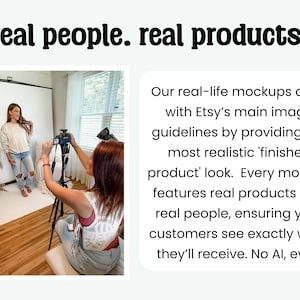 The image is a collage of two photos. In the first photo, a woman is posing in front of a white background, and in the second photo, a woman is taking a photo of the woman in the first photo. The text above the collage states "real people. real products."