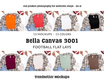 Bella Canvas 3001 Mockup Bundle, BC3001 T-Shirt, Fußball flach gelegt
