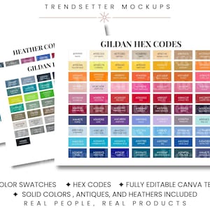 May include: A mockup featuring two white rectangular cards with color swatches and hex codes. The cards display a variety of colors, including shades of pink, blue, green, and orange. Text on the cards reads "Gildan Hex Codes" and "Heather Col". The bottom of the image includes text: "152 Color Swatches, Hex Codes, Fully Editable Canva Template."
