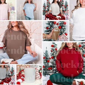 Może przedstawiać: Kolekcja makiet z r&oacute;żnymi elementami odzieży. Obejmuje jasnor&oacute;żowy t-shirt, jasnoniebieski t-shirt, kremowy sweter, białą bluzę, brązowy t-shirt, czerwoną bluzę z kapturem i szarą bluzę. Niekt&oacute;re zdjęcia zawierają dekoracje świąteczne.