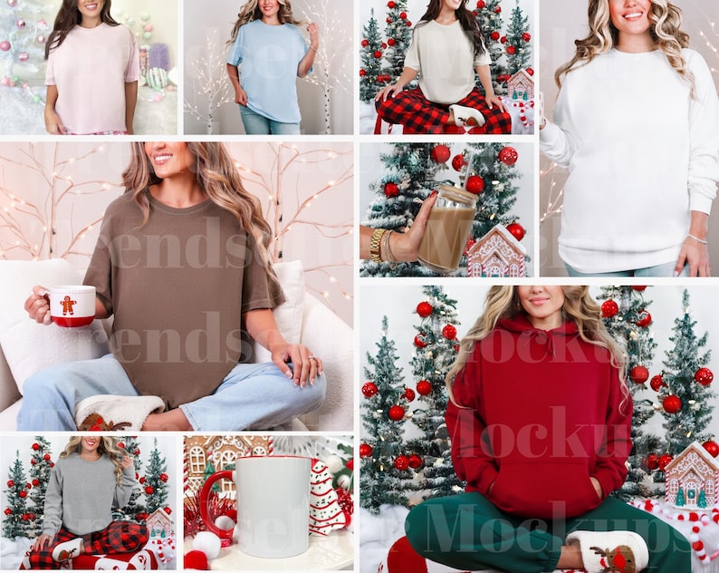 Może przedstawiać: Kolekcja makiet z r&oacute;żnymi elementami odzieży. Obejmuje jasnor&oacute;żowy t-shirt, jasnoniebieski t-shirt, kremowy sweter, białą bluzę, brązowy t-shirt, czerwoną bluzę z kapturem i szarą bluzę. Niekt&oacute;re zdjęcia zawierają dekoracje świąteczne.