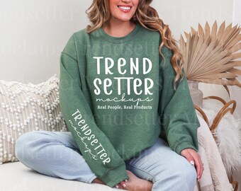 Gildan 18000 Heather Sport Dark Green Mockup, G18000 Sweatshirt Sleeve View, Boho Lifestyle, Real Person Model
