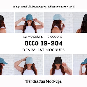 Könnte beinhalten: Ein zusammengesetztes Bild, das Jeanshut-Mockups in drei Farben zeigt. Der Text "Otto 18-204 DENIM HAT MOCKUPS" wird angezeigt. Der Satz "real product photography for authentic shops - no ai" ist ebenfalls sichtbar.