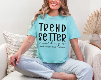 Comfort Colors 3023CL Chalky Mint Boxy Tee Mockup | CC3023CL Chalky Mint T-Shirt Mock-up | Real Model | Trendy Cropped Tee Boho Aesthetic