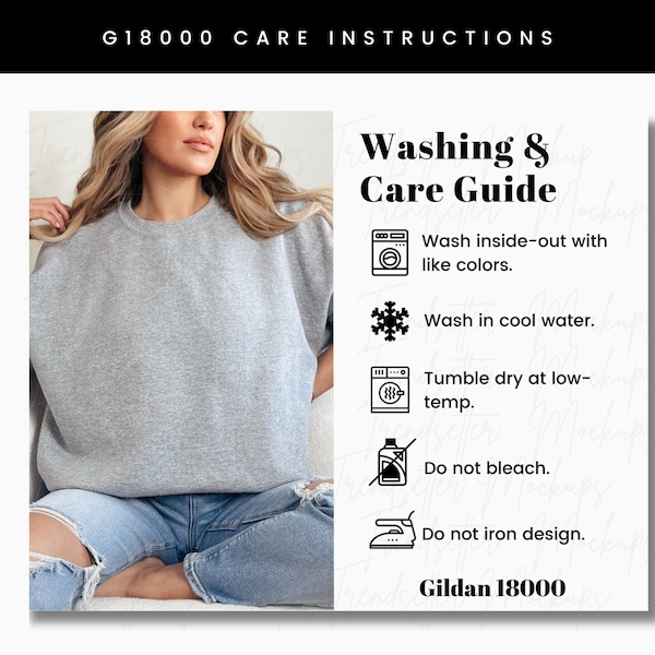 Gildan 18000 Care Instructions, G18000 Garment Washing Guide, Shirt Care Chart, G18000 Mockup, POD Seller Tools