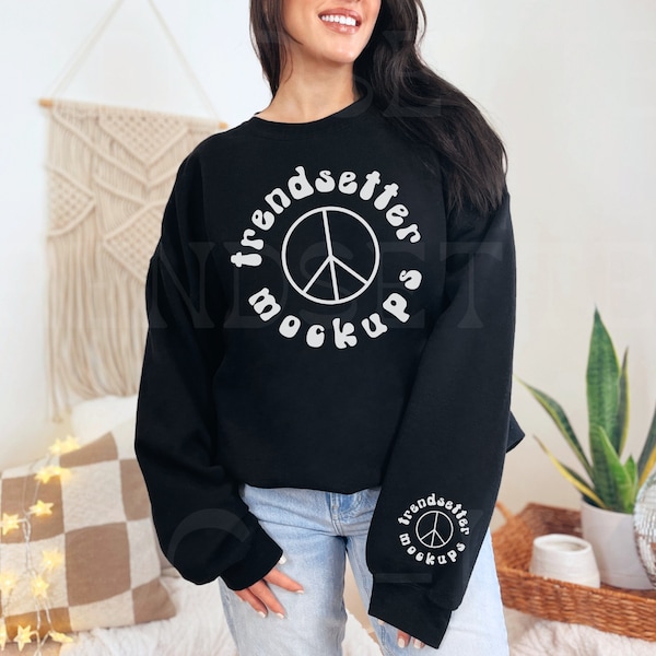 Gildan 18000 Black Mockup, Crewneck Sweatshirt Sleeve Mock-up, Trendy Minimalist Boho G18000 Pullover, Free Unisex Size Chart