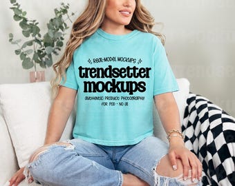 Comfort Colors 3023CL Chalky Mint Mockup, CC3023 Boxy Tee Horizonal Mock-up, Trendy Retro Checkered Blue Crop Top, Real Person Model