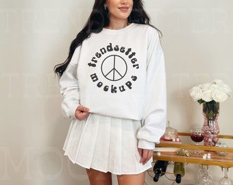 Gildan 18000 White Mockup, White Crewneck Sweatshirt Mock-up, Trendy Chic White Pullover, G18000 Size Chart