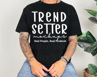 Gildan 64000 Black Mockup, Mens G64000 T-Shirt, Real Person Model