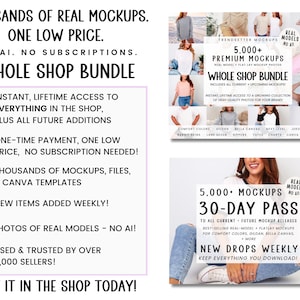 The image is a promotional advertisement for a whole shop bundle that offers thousands of real mockups, including 5,000+ premium mockups, instant access to everything in the shop, and new items added weekly. The bundle also provides 30-day passes to access all current and future releases, and it is used and trusted by over 6,000 sellers. The advertisement emphasizes that the bundle is one low price, noai, no subscriptions, and includes all current and future releases.
